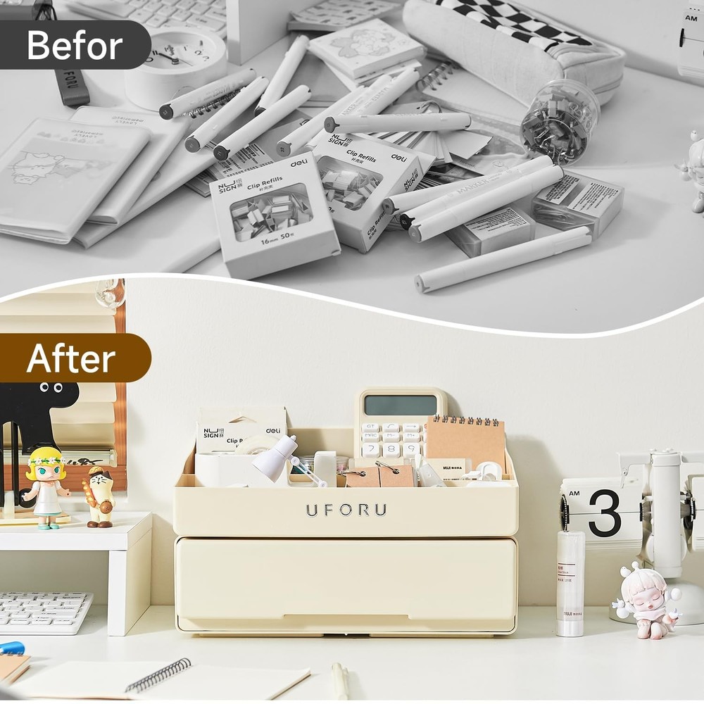 Desk Organizer with 6 Compartments, 2 Tier Stackable Storage Drawers Plastic ...