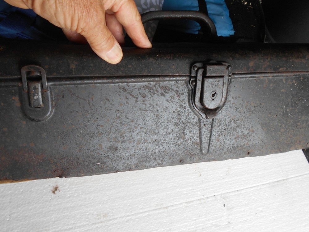 Antique Metal Tool Box with Very Fancy Handle