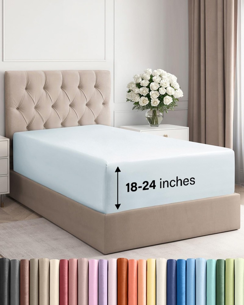 Extra Deep Twin Fitted Sheet - Hotel Luxury Single Fitted Sheet Only - Easily...