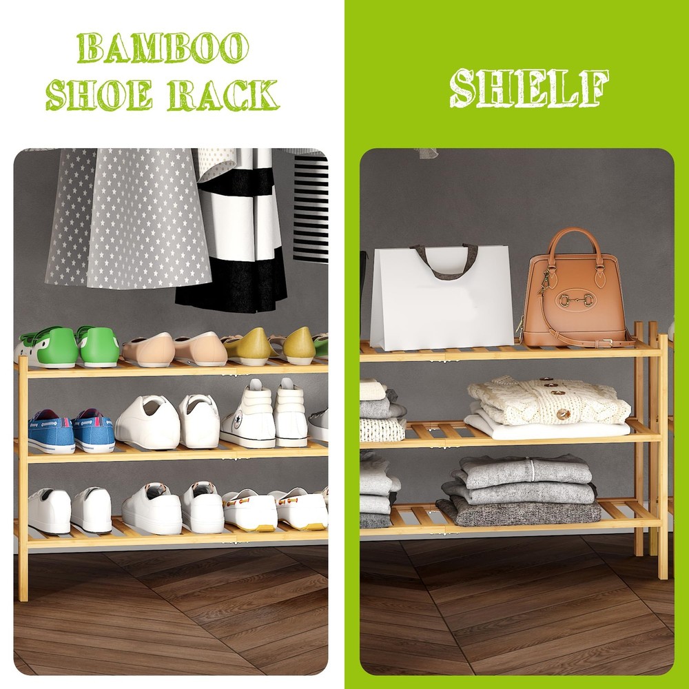 3-Tier Bamboo Extended Shoe Rack Premium Stackable Shoe Shelf Storage Organiz...