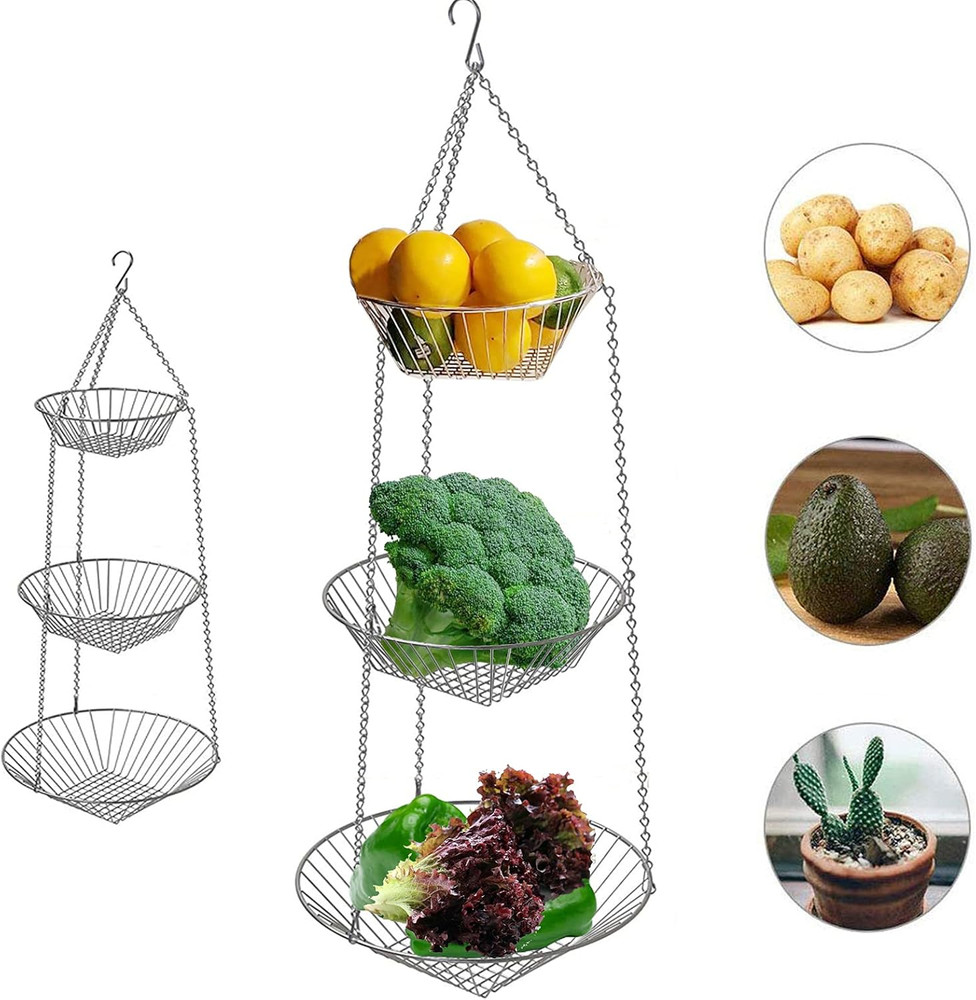 3-Tier Hanging Basket with Metal Chain and Hooks for Fruits Vegetables Organizer