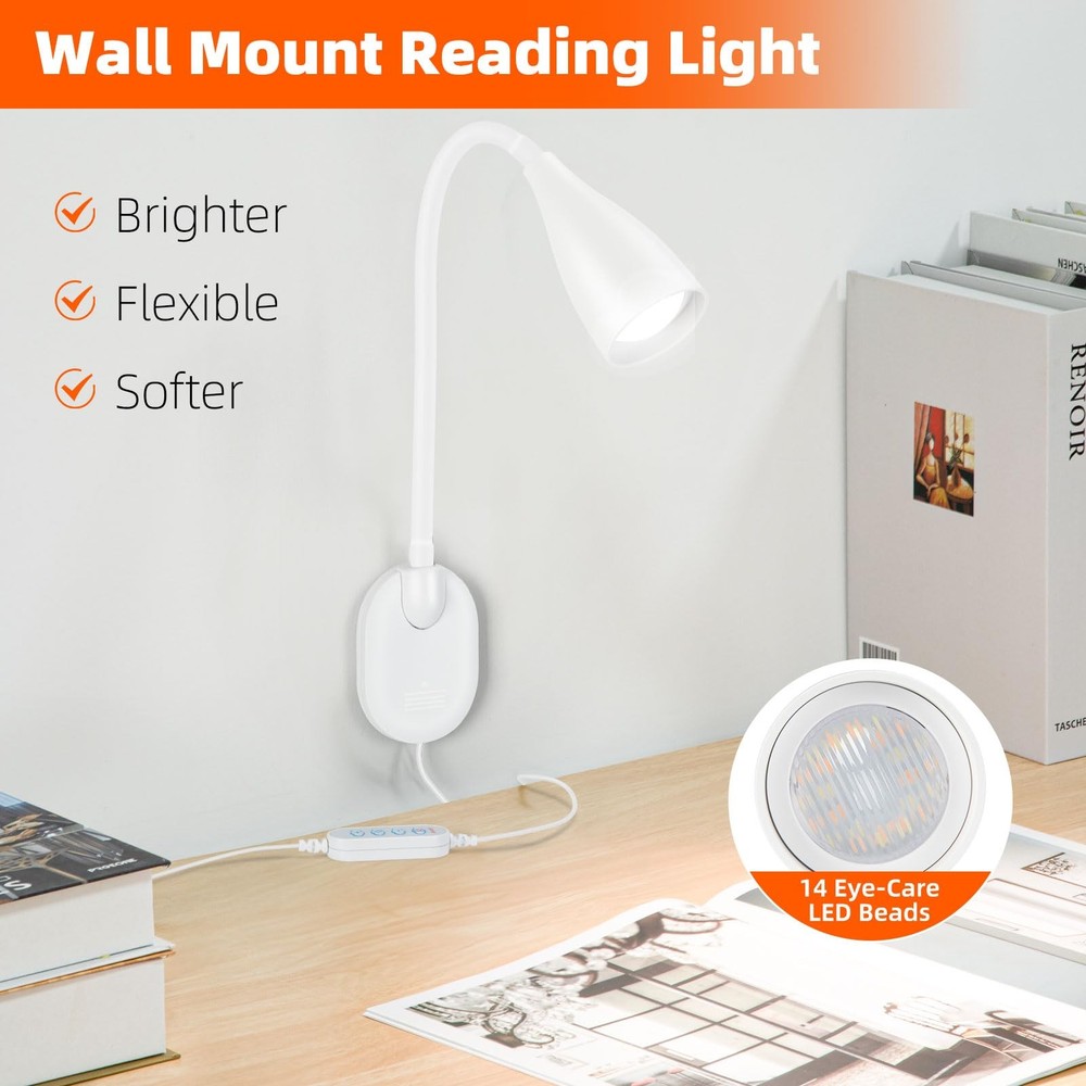 Wall-Mounted LED Bedside Reading Light with USB Charging Port, 10-Level White