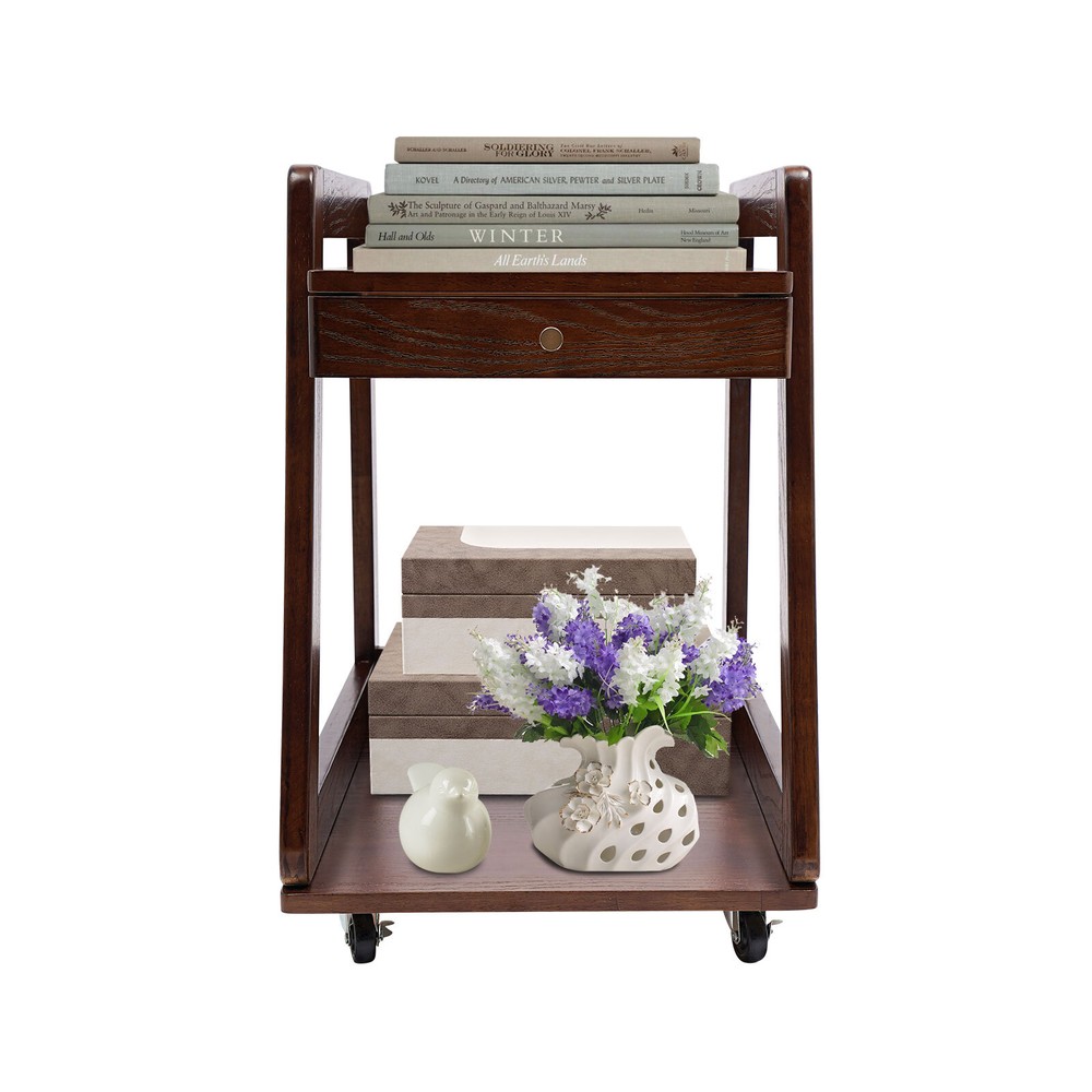 Walnut Retro Wood End Table, 2-tier Side Table, Storage Couch Table with Wheels