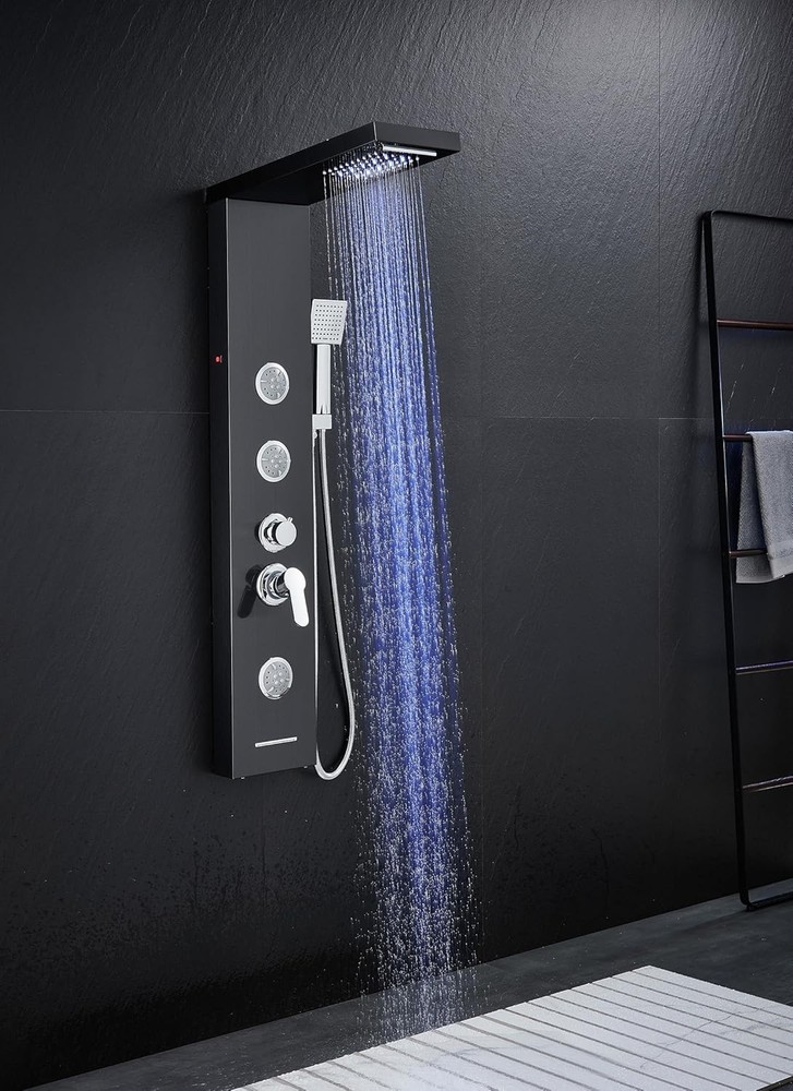 Multi-Function LED Lights Shower Panel System Black, 5 in 1 Shower Panel Include