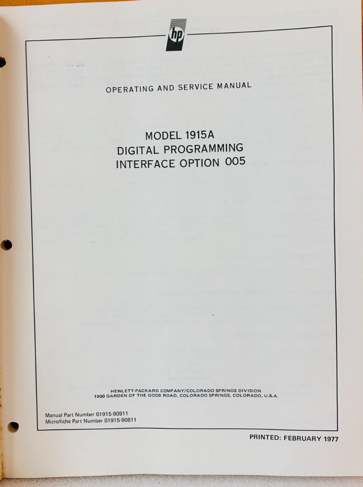 HP 01915-90911 Model 1915A Digital Programming Interface Opt 005 Service Manual.