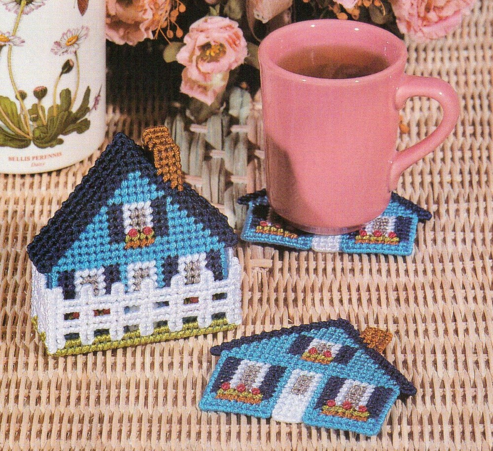 COUNTRY COTTAGE HOUSE COASTERS HOME DECOR PLASTIC CANVAS PATTERN INSTRUCTIONS