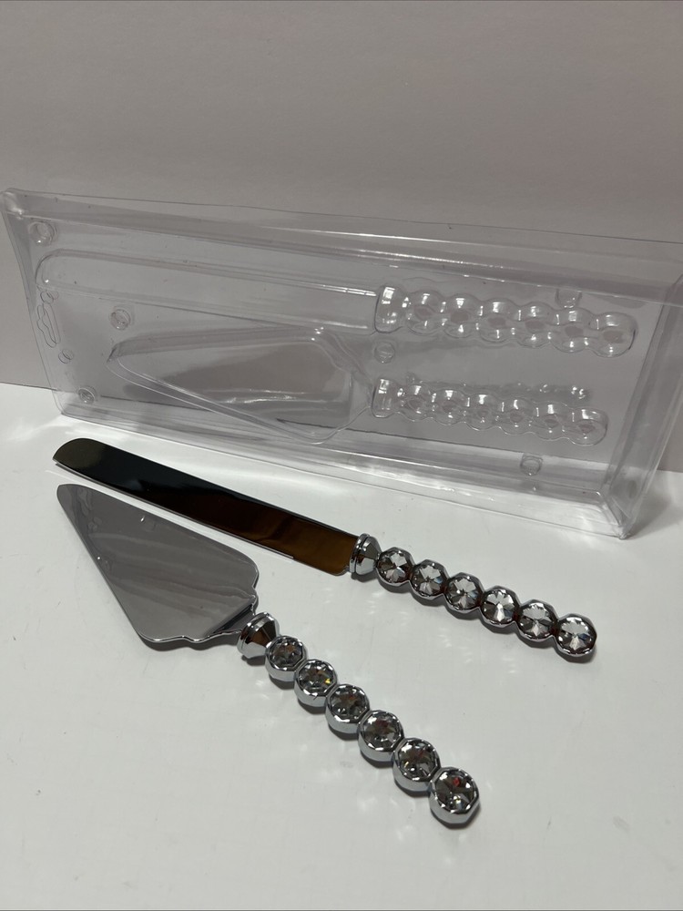 Wedding Cake Knife Server Set Clear Stone And Silver Color With Container
