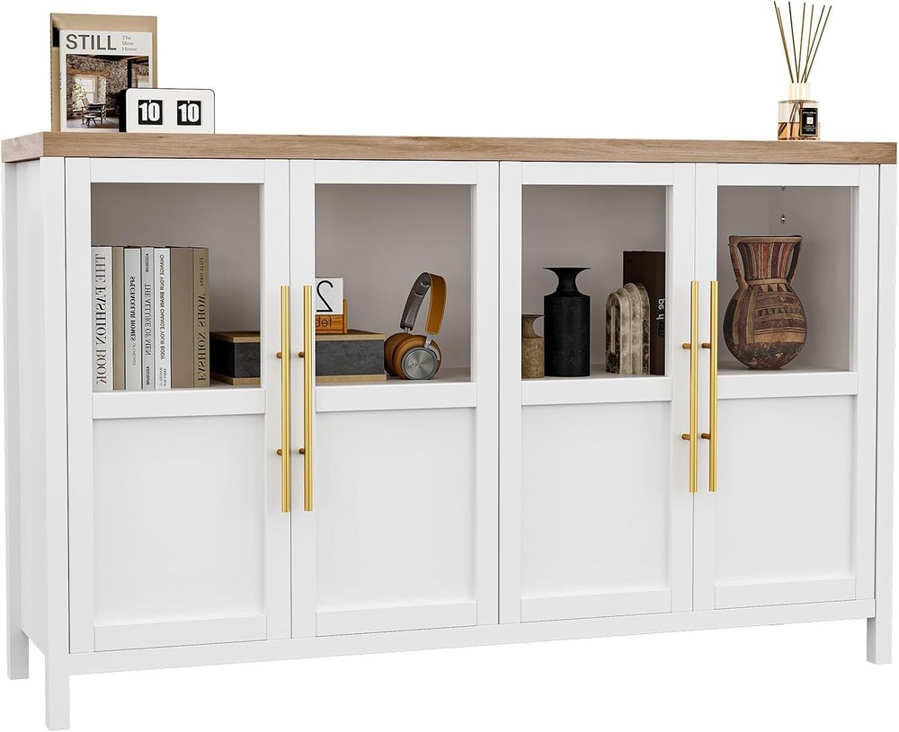 Sideboard Buffet Cabinet with Glass Doors, Large Modern Buffet Table Storage