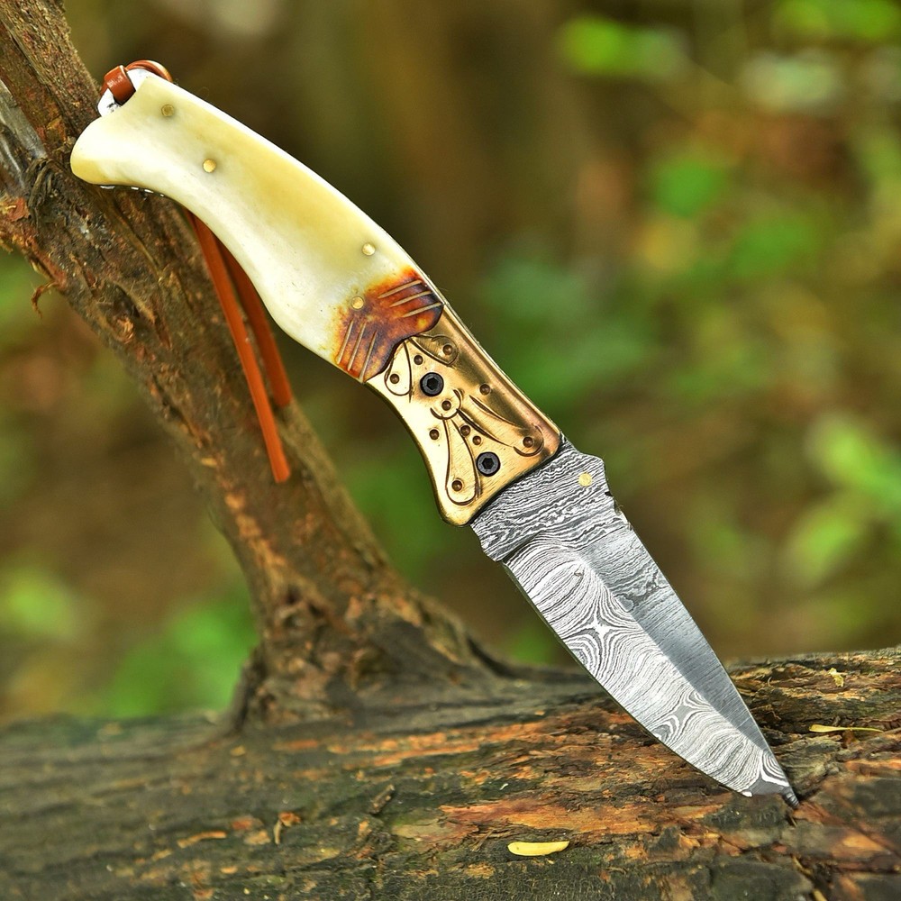Damascus Folding Blade Pocket Knife Case -Original Camel Bone Handle