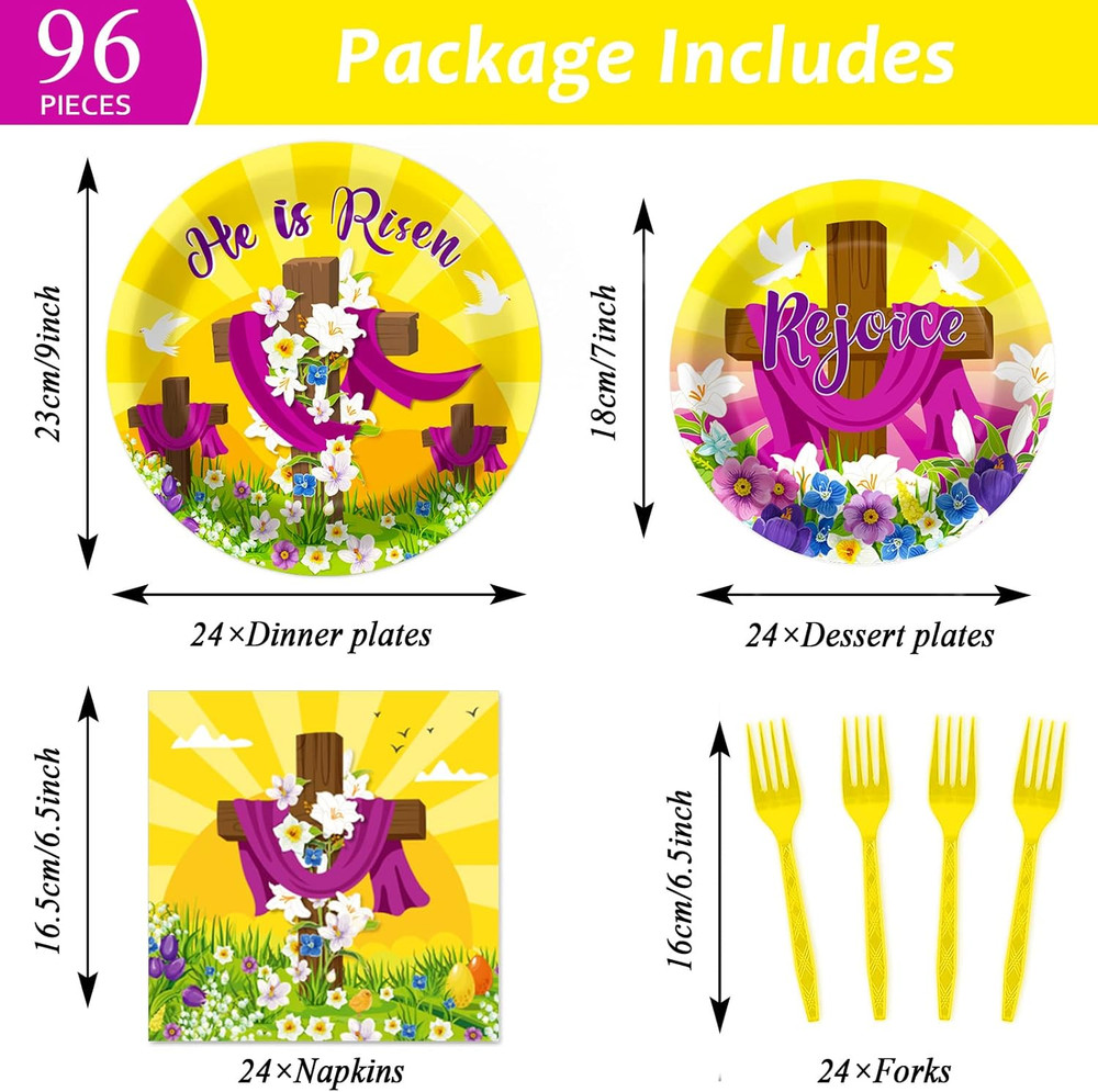 96 Pcs Easter Tableware Set He Is Risen Plates Happy Easter Party Plates East...