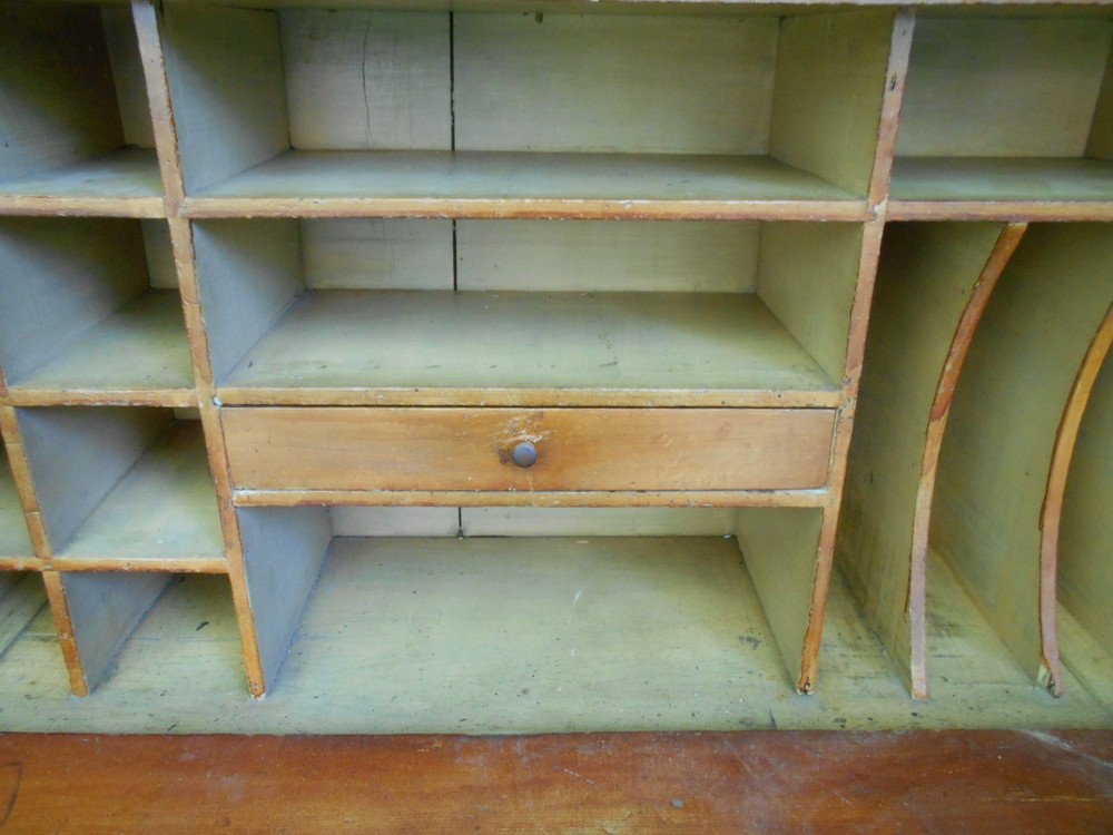 ANTIQUE PAINTED COUNTRY PINE STEPBACK DROP FRONT DESK AND BOOKCASE