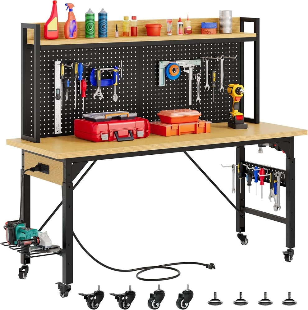 Sturdy 60" Adjustable Workbench with Hooks & Pegboard for Garage, Office & Home