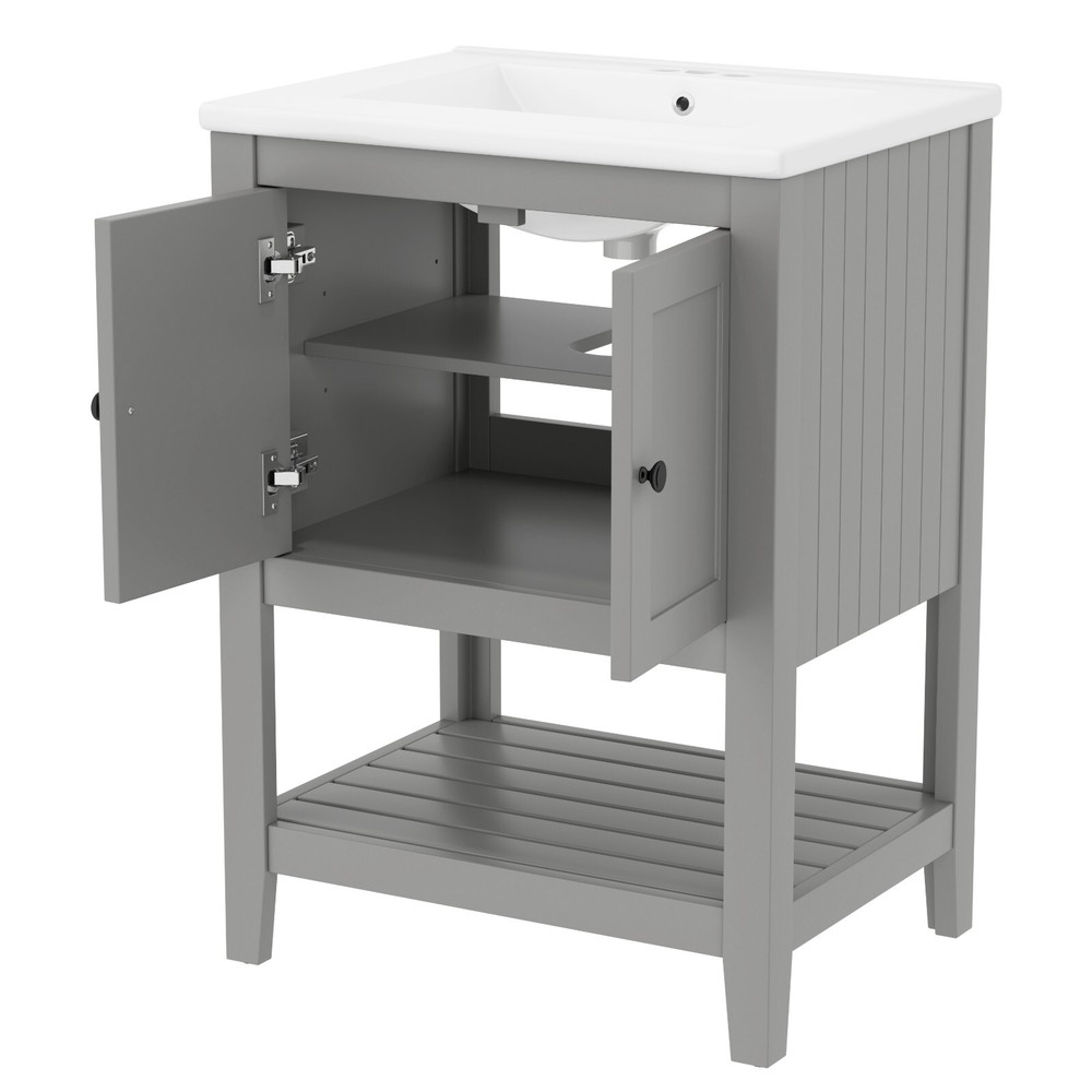 24" Modern Bathroom Vanity - Solid Wood Frame, Semilune Ceramic Sink, Open Shelf