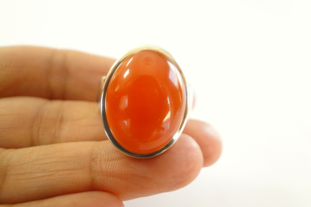Oval Orange Carnelian Button 925 Sterling Silver Ring Size 9.5