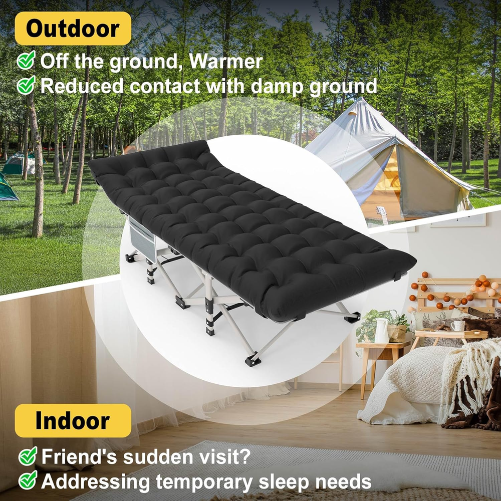 Folding Camping Cot with Mattress Black,Max Load 800lbs Cots for Sleeping