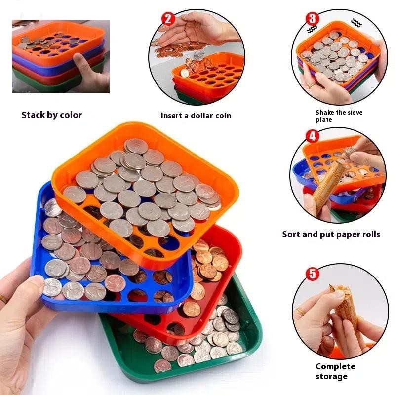 4 Color-Coded Coin Sorting Trays Counter Classification Sieve For Sorting Coins