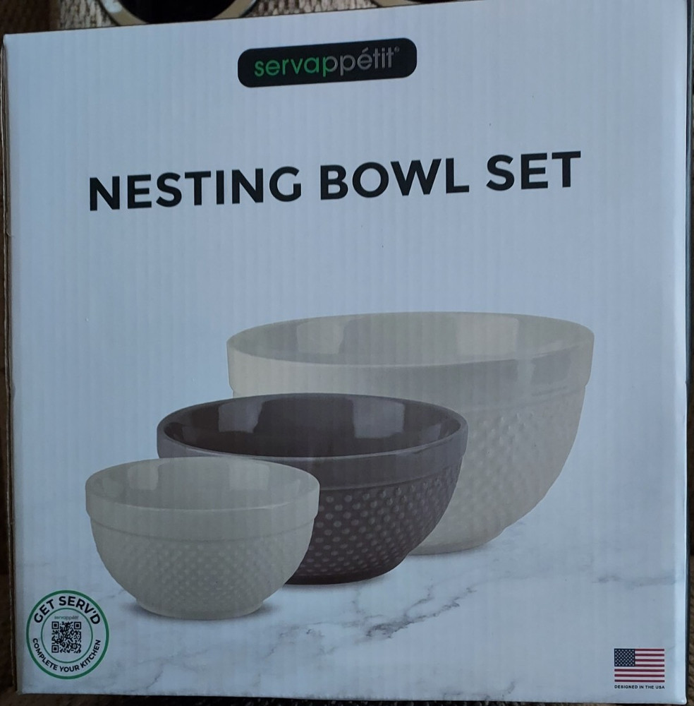 servappétit Ceramic Nesting Mixing Bowl Set 3-Piece Beige Gray All-Over Pattern