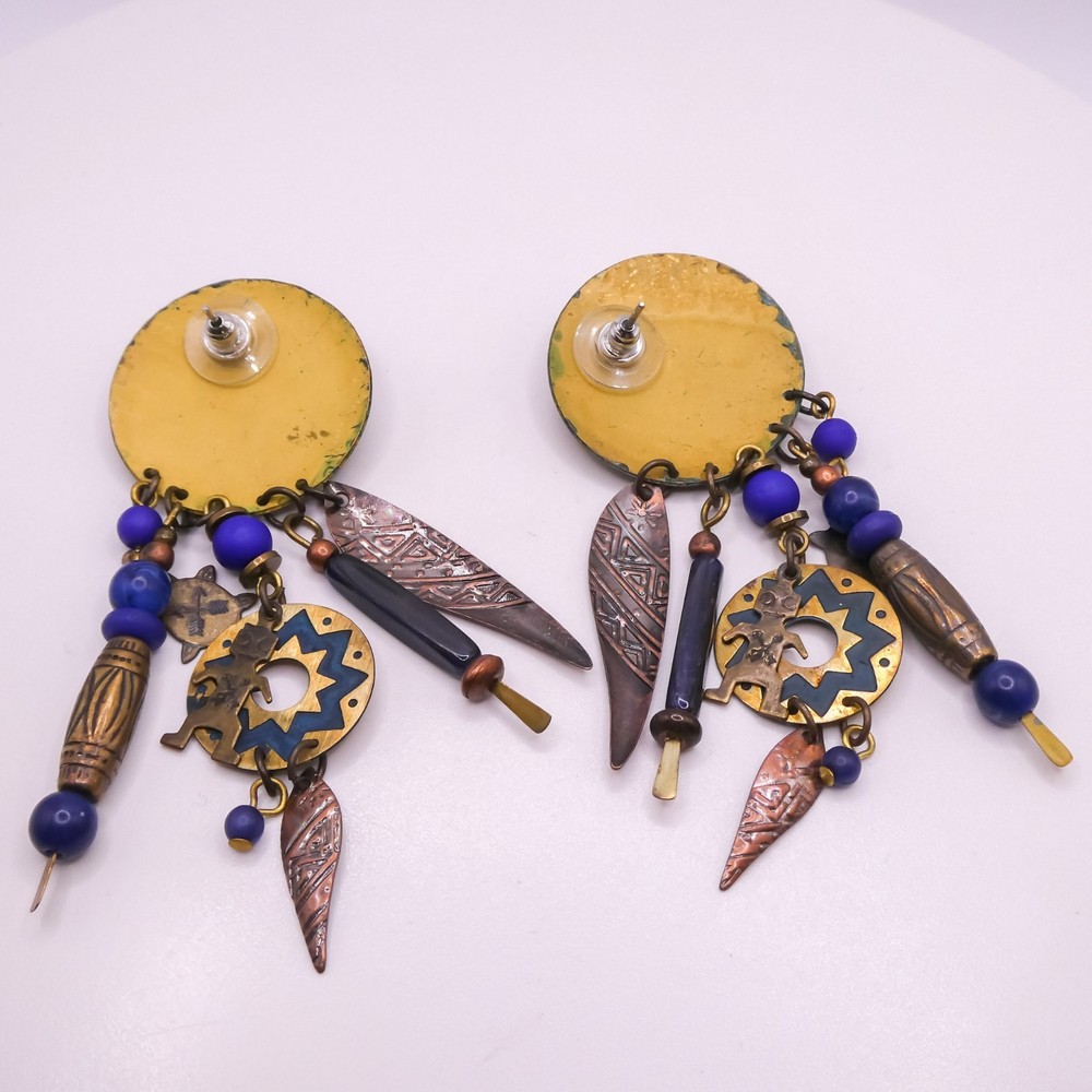 Native American Copper Katchina Turtle Drop Dangle Blue Sun 3.5" Earrings
