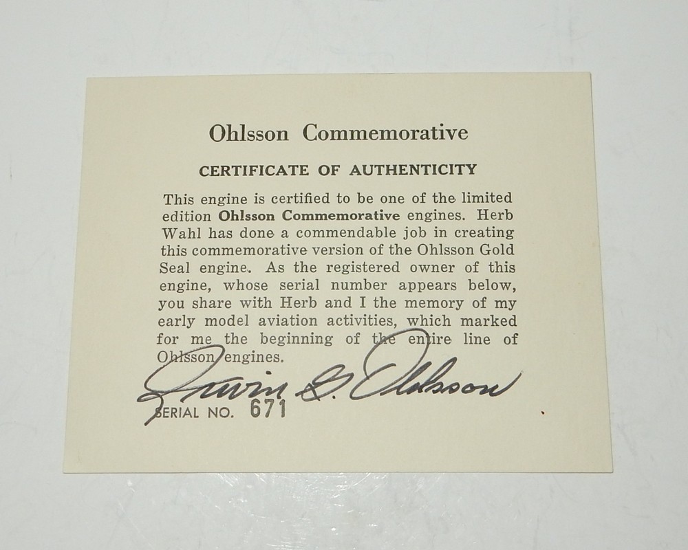 Herb Wahl Ohlsson Commemorative .56 Spark Ignition Model Airplane Engine