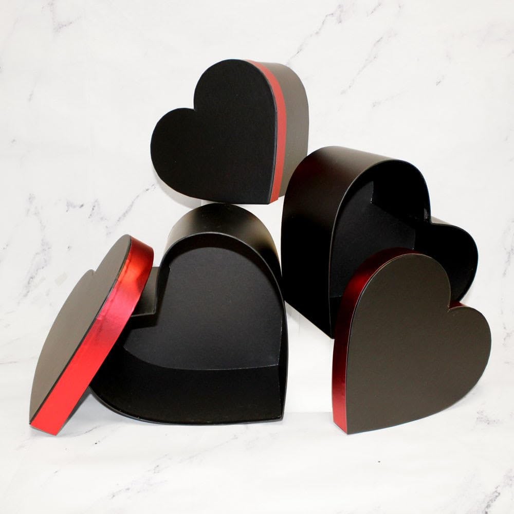 Creative Ideas Heart-Shaped Gift Boxes Black with Red Trim Nesting Storage Co...