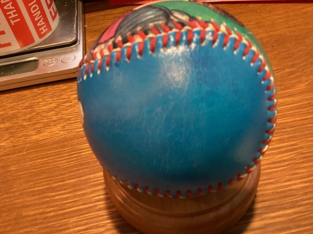 PITCHER AND SLIDING RUNNER PRINTED/PAINTED? ART ON BASEBALL
