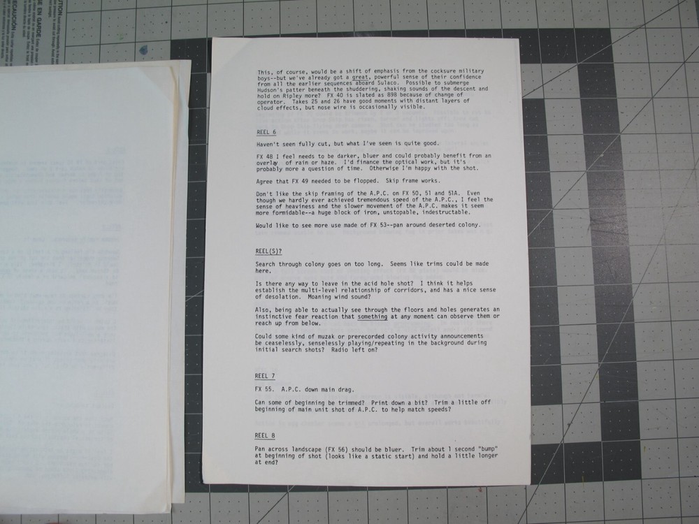 1985 Aliens movie LA Effects special effects production progress crew notes ALI