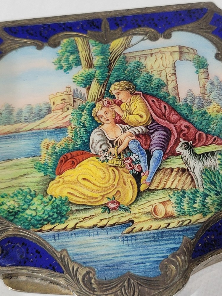 Italian 800 Silver Gilded Enamel Hand Painted Compact Circa 1900