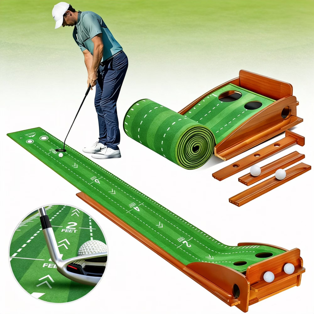 Indoor Golf Putting Mat w Ball Return Mini Practice Green 2 Balls Training