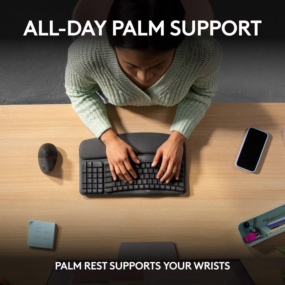 Logitech Wave Keys Bluetooth Keyboard - Black: Ergonomic Design, Wrist Rest