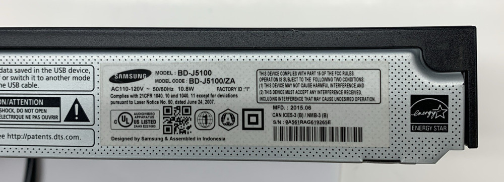 Samsung BD-J5100 Blu-ray Player No Remote Tested Works