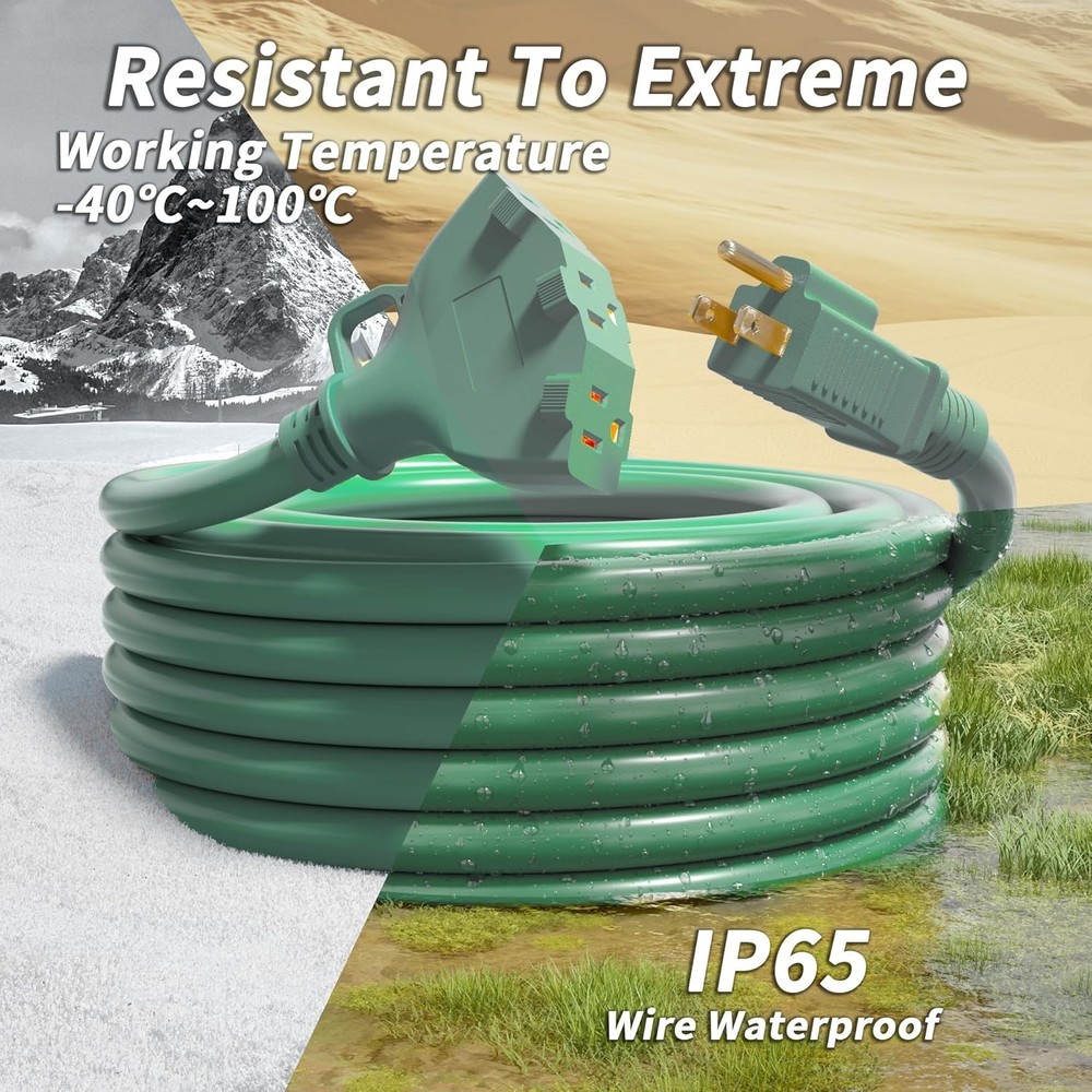 Weatherproof 10FT Green Extension Cord, 3 Multiple Outlets for Convenient Use