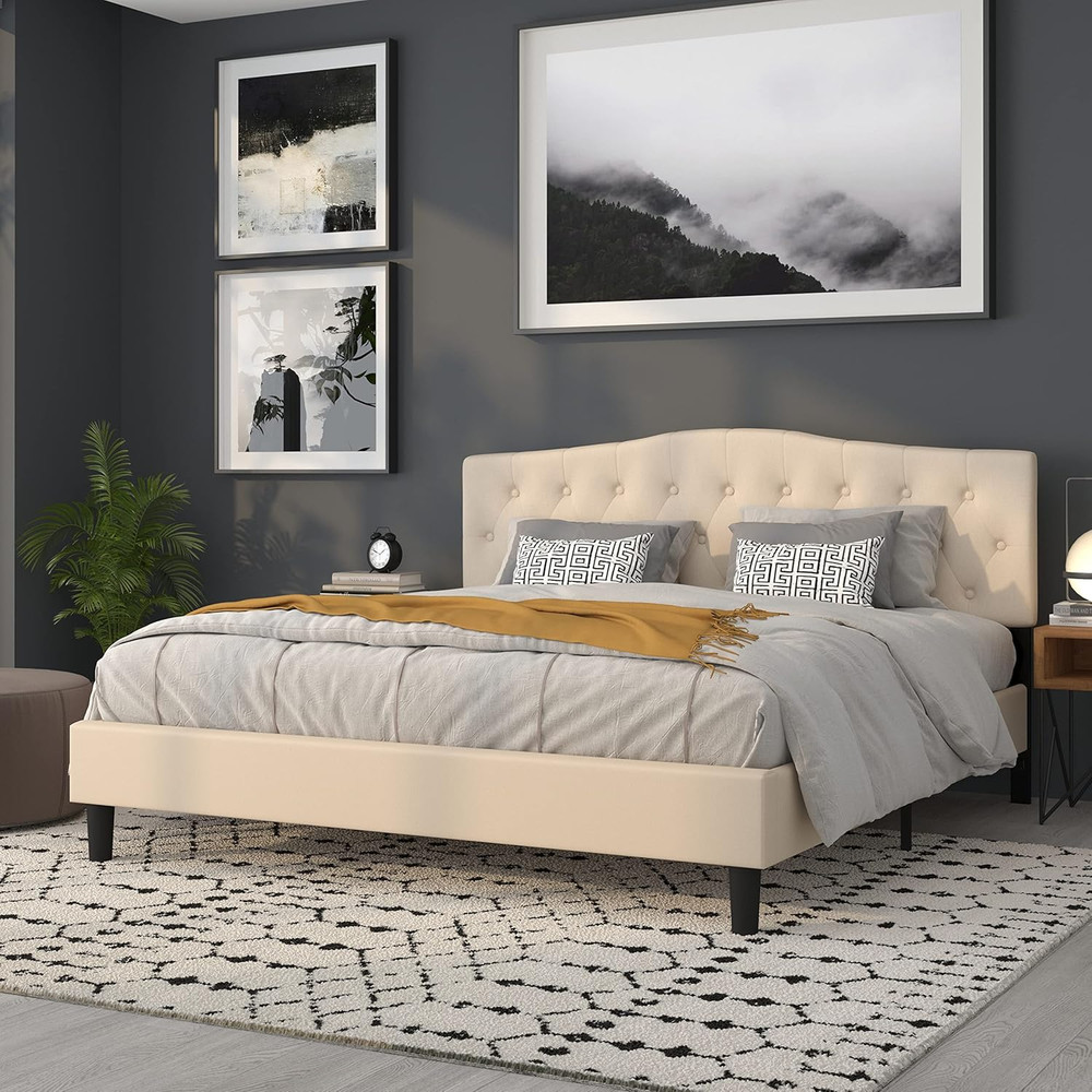 Beige King Size Tufted Upholstered Headboard - Cambridge Collection