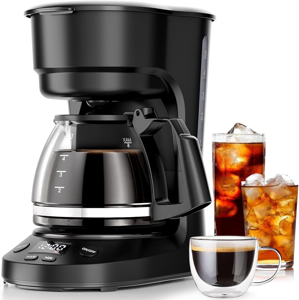 5-Cup Drip Coffee Machine with LED Display, Small Coffee Maker with Anti-Drip...