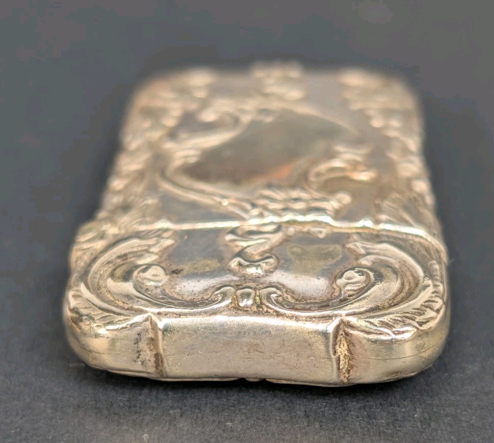 Antique German Silver Match Safe Case Ornate Scroll With Matches