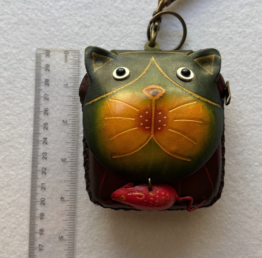 Leather Cat & Mouse Coin Purse Key Ring Zip Closure