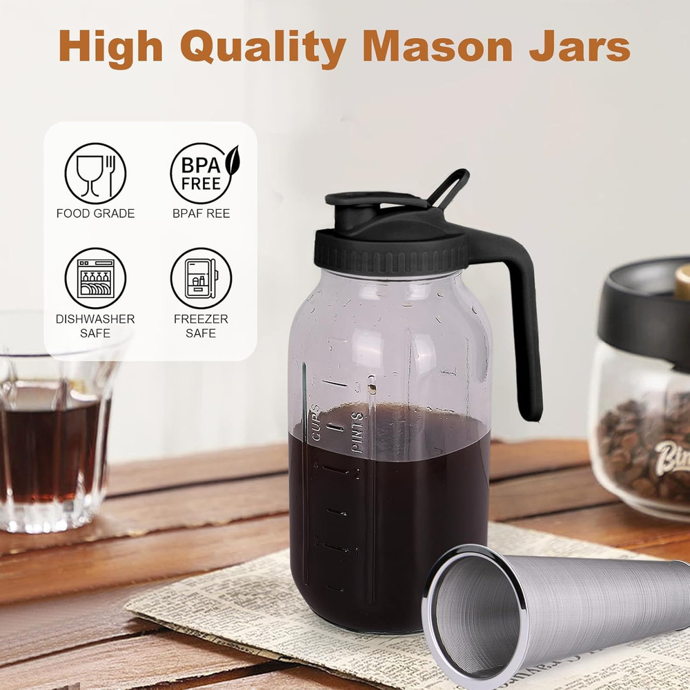 Cold Brew Coffee Maker,64 Oz Mason Jar Pitcher with Stainless Steel Filter, Pour