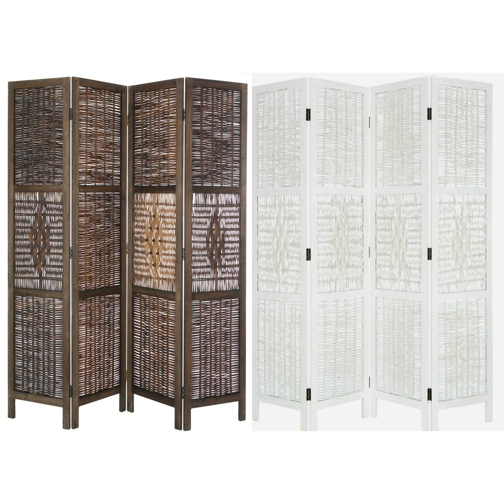 4 Panel Wicker & Wood Screen Room Divider, Weave Design w/ Diamond Shaped Accent