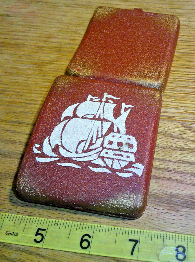 vintage original Metal Cigarette Case with sailing ship on front nice condition