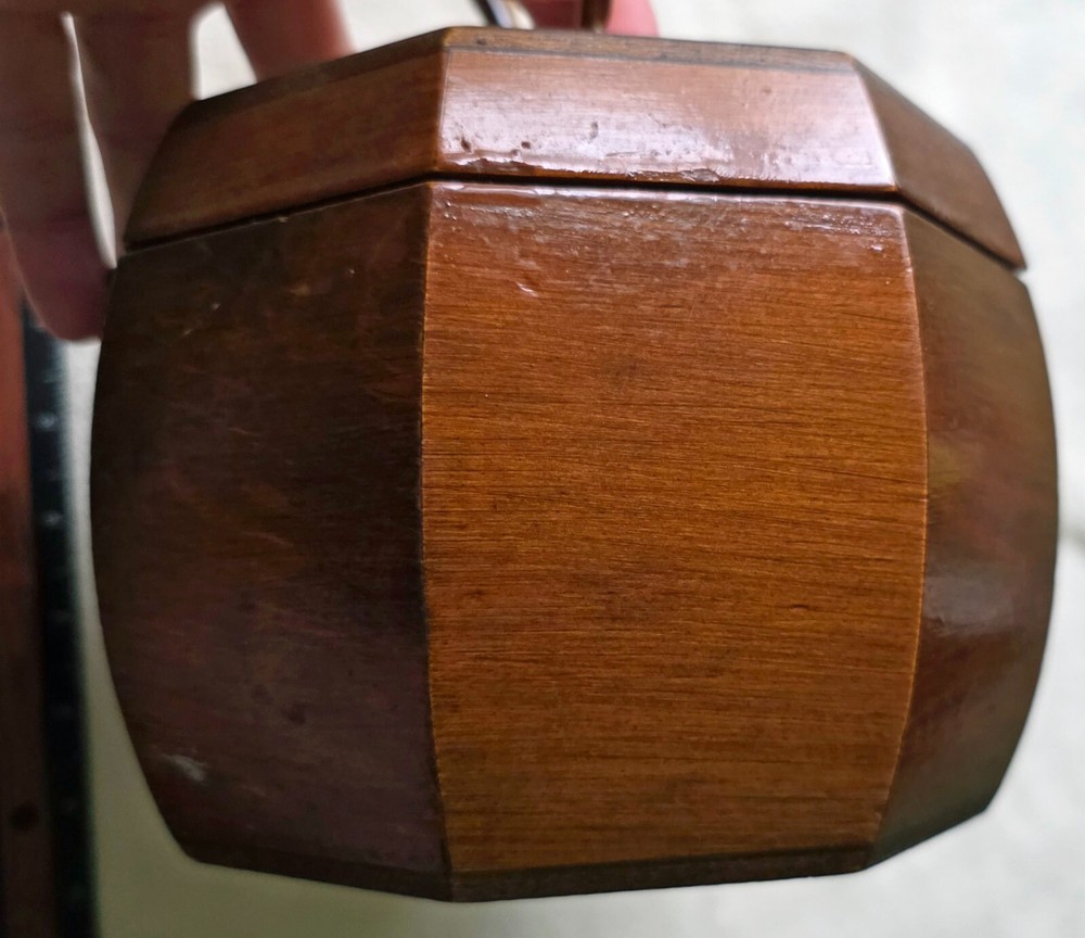 Vintage Octagonal Wood Purse or Small Sewing Box with Bakelite Handle