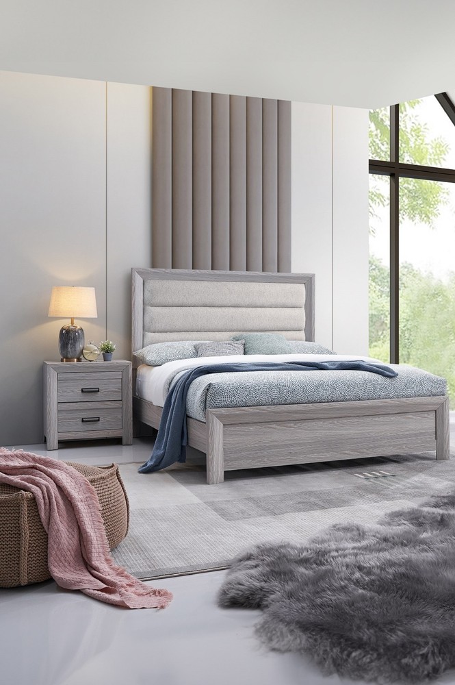 3Pc Rustic Gray Finish Queen Size Upholstered Panel Bed Nightstand Bedroom Set