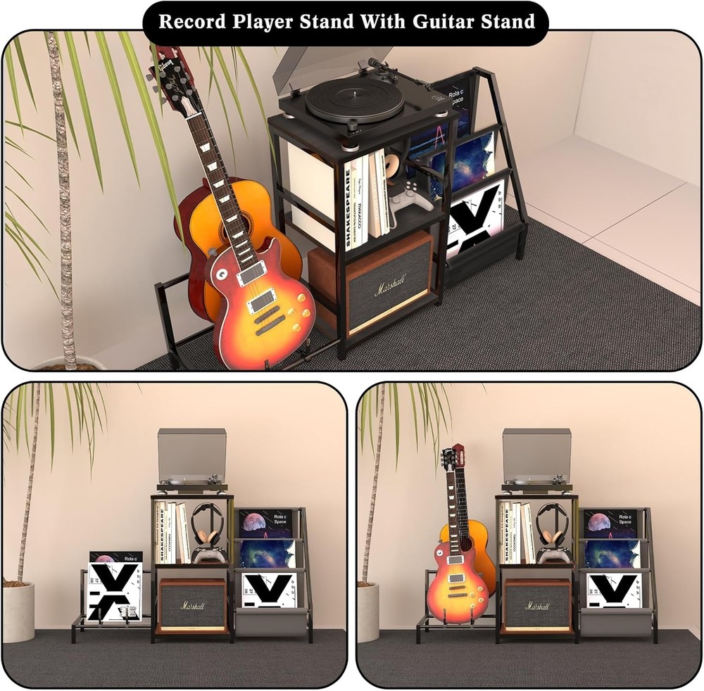 EASTROCK Record Player Stand Guitar & Table - Black