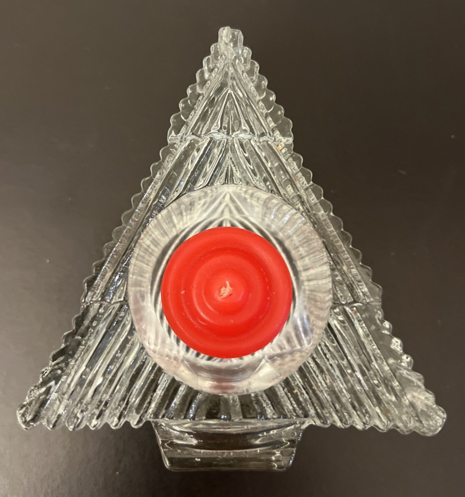 Leaded Glass 4.5" Holiday Triangular Candle Holder ~ Tree Pattern w/Red Candle