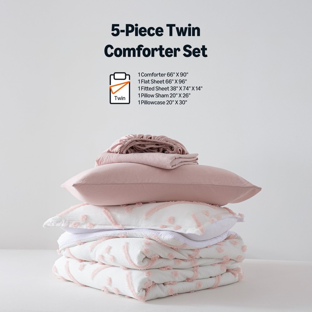 Amazon Basics Kids' Pink Bedding Set, 5-Piece Jacquard Microfiber Bed-in-a-Ba...