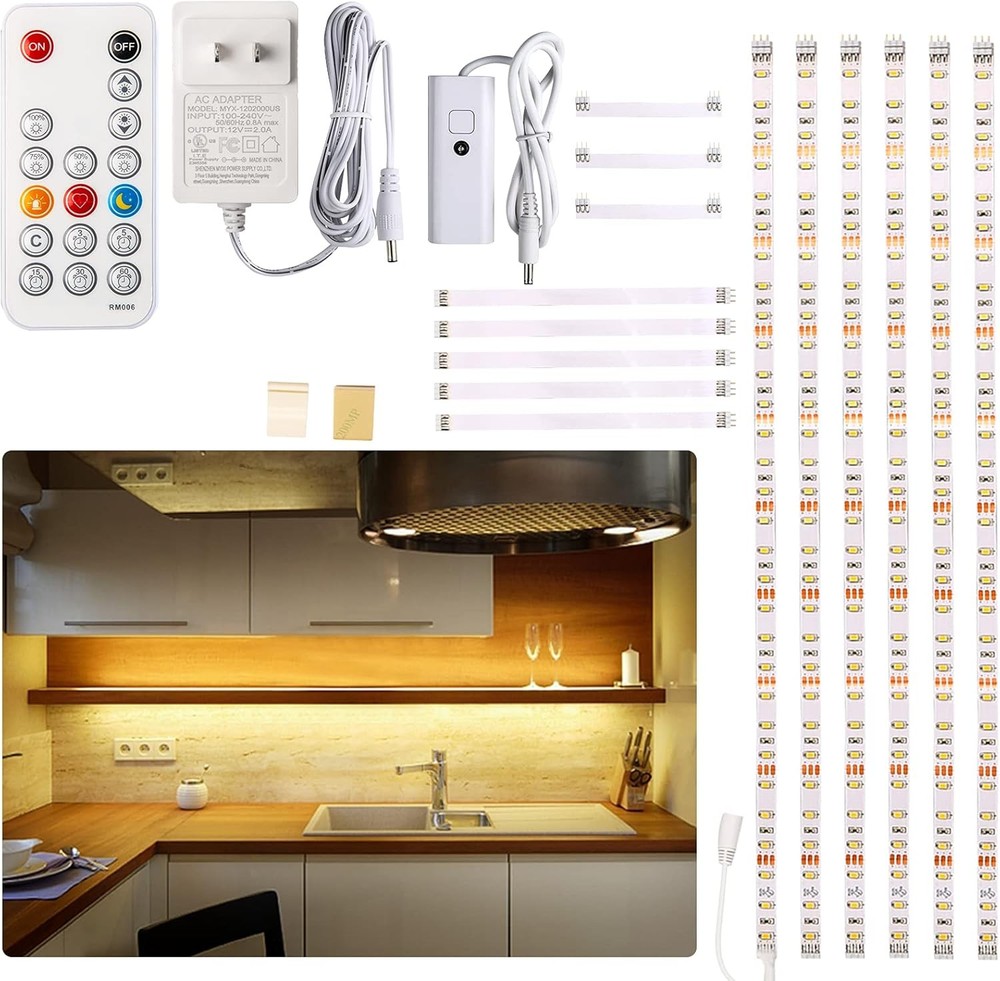 Under Cabinet LED Strip Lights 6PCS Dimmable Remote 2700K Warm White
