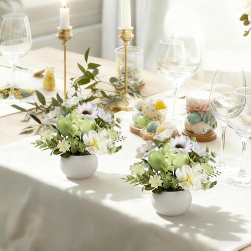 2 PCS Easter Decorations, Easter Artificial Egg Flower Potted Table Green