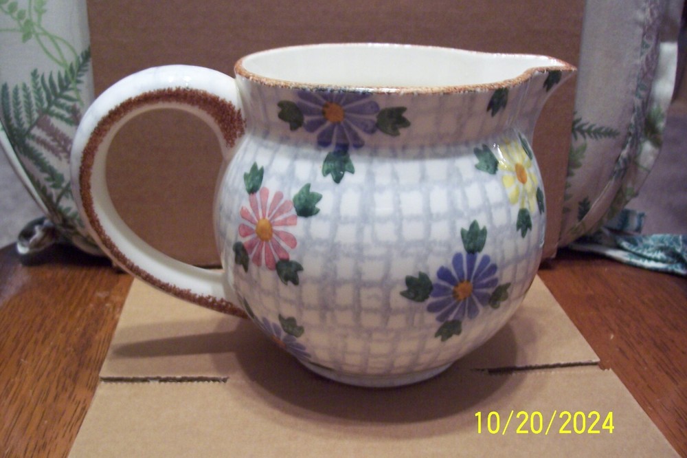 German Made Checked Floral Pottery Small Pitcher
