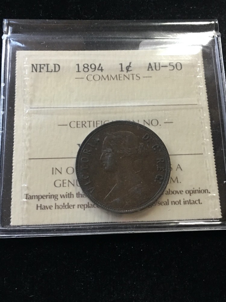 1894  ICCS Graded Newfoundland, Large One Cent, **AU-50**