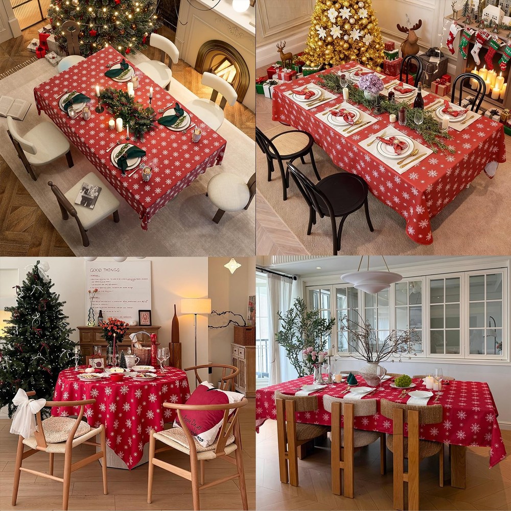 Christmas Red Tablecloth, Rectangle Table Cloh with Snowflake Decorations, Sp...