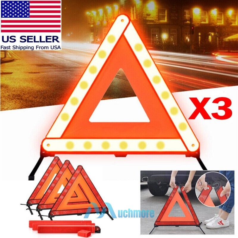 3X Emergency Warning Triangle DOT Approved Night Reflective Safety Roadside Kit