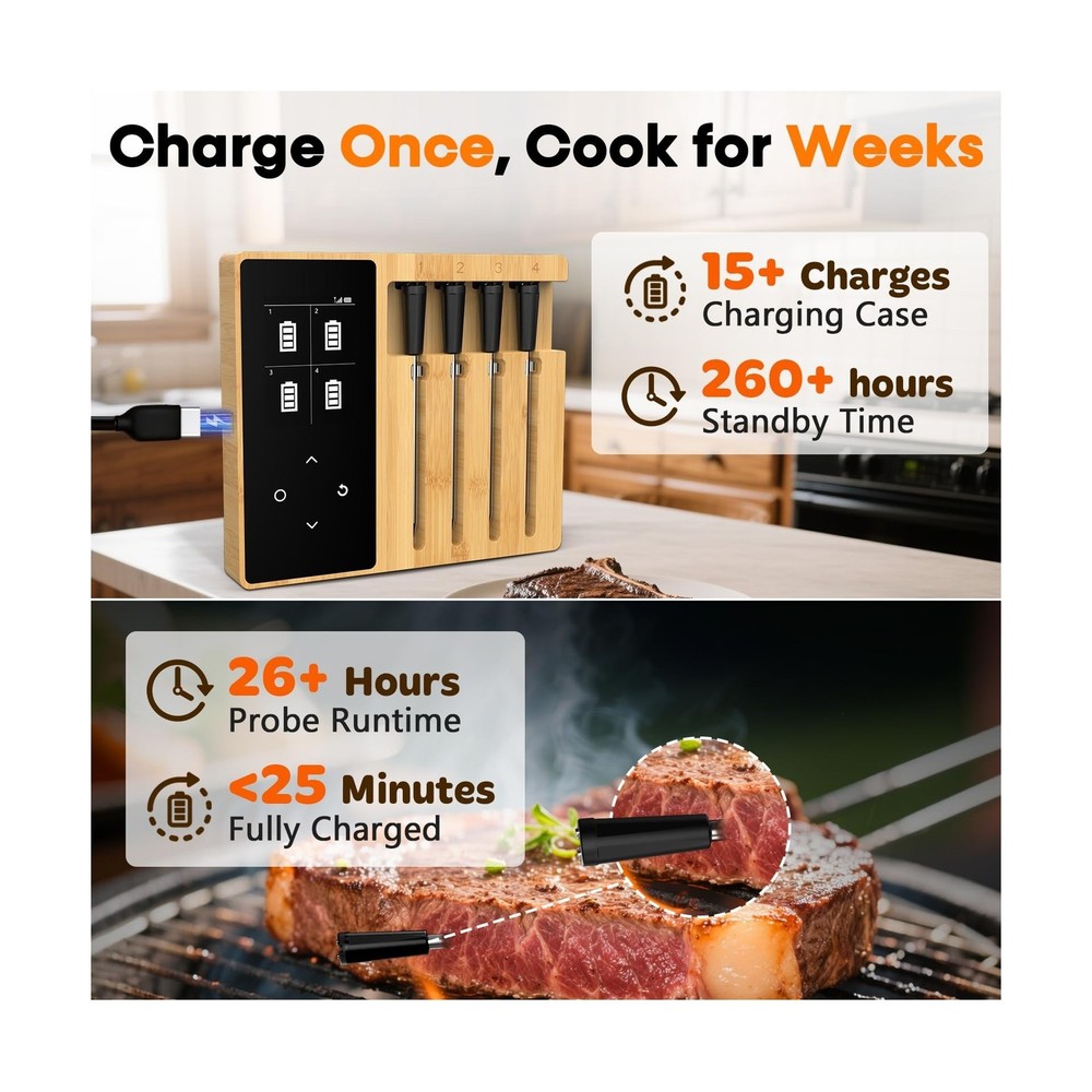 Accurate Smart Wireless Meat Thermometer - 4 Probes, Long Range Bluetooth, Re...